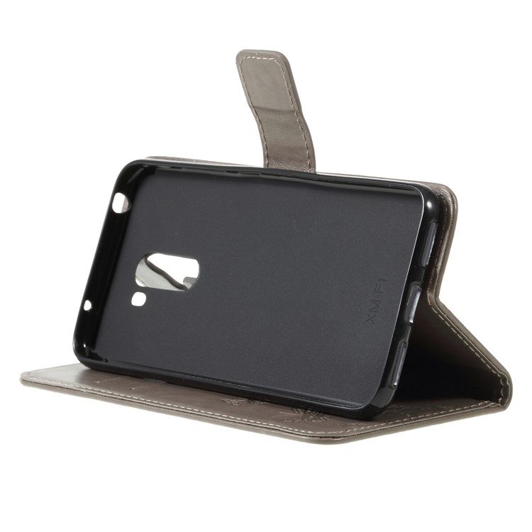 Imprint Butterfly Flower Wallet Stand Leather Shell for Xiaomi Pocophone F1 / Poco F1 (India) - Grey-4