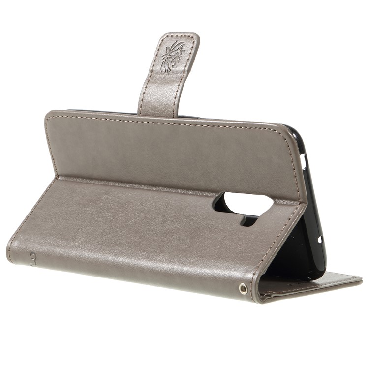 Imprint Butterfly Flower Wallet Stand Leather Shell for Xiaomi Pocophone F1 / Poco F1 (India) - Grey-5