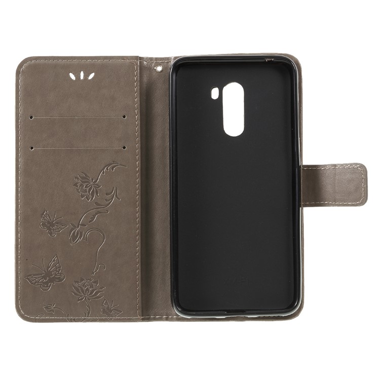 Imprint Butterfly Flower Wallet Stand Leather Shell for Xiaomi Pocophone F1 / Poco F1 (India) - Grey-6
