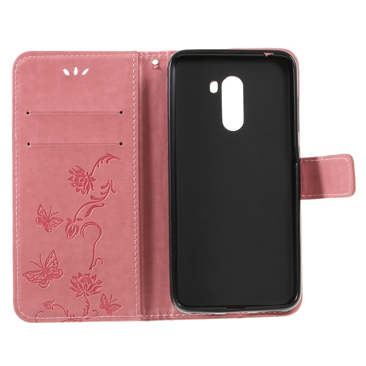 Imprint Butterfly Flower Wallet Leather Protection Case for Xiaomi Pocophone F1 / Poco F1 (India) - Pink-6