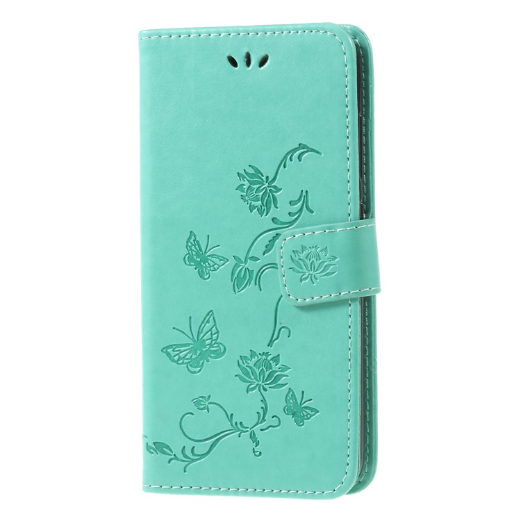 Imprint Butterfly Flower Wallet Leather Cell Phone Cover for Xiaomi Pocophone F1 / Poco F1 (India) - Cyan-3