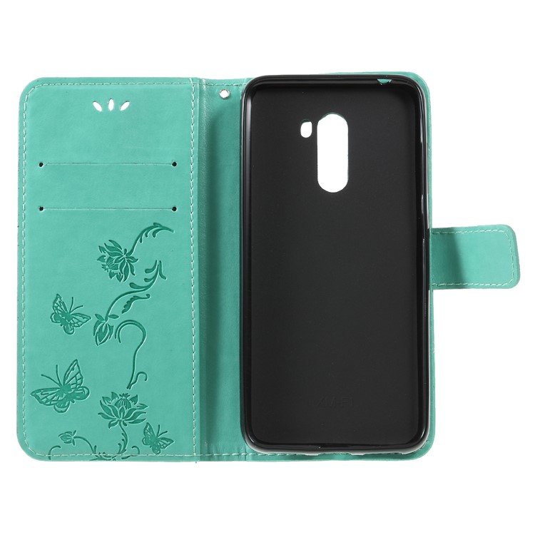 Imprint Butterfly Flower Wallet Leather Cell Phone Cover for Xiaomi Pocophone F1 / Poco F1 (India) - Cyan-6