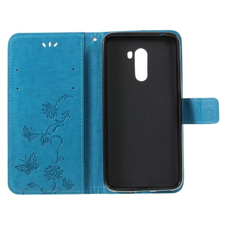 Imprint Butterfly Flower Leather Magnetic Phone Shell for Xiaomi Pocophone F1 / Poco F1 (India) - Blue-6