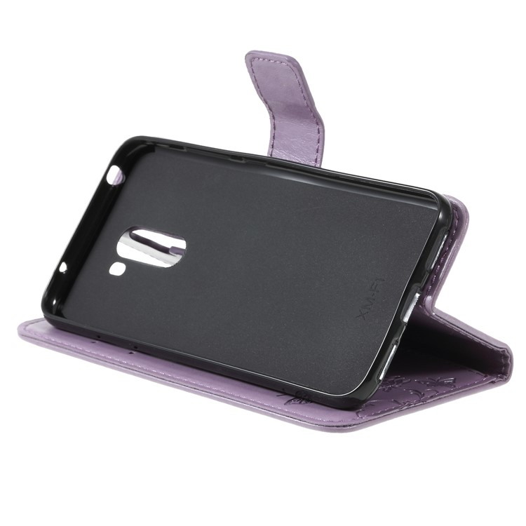 Imprint Butterfly Flower Wallet Stand Leather Case Cover for Xiaomi Pocophone F1 / Poco F1 (India) - Light Purple-4