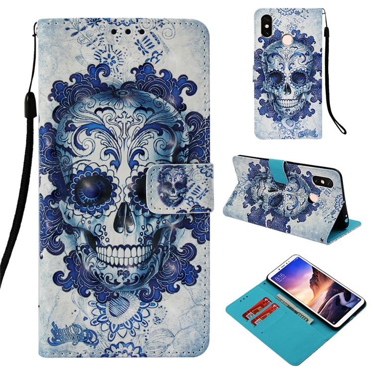 Pattern Printing Light Spot Decor PU Leather Magnetic Stand Case for Xiaomi Mi Max 3 - Blue Flower and Skull-1