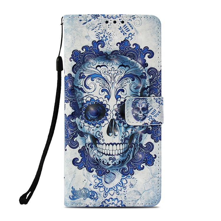 Pattern Printing Light Spot Decor PU Leather Magnetic Stand Case for Xiaomi Mi Max 3 - Blue Flower and Skull-2
