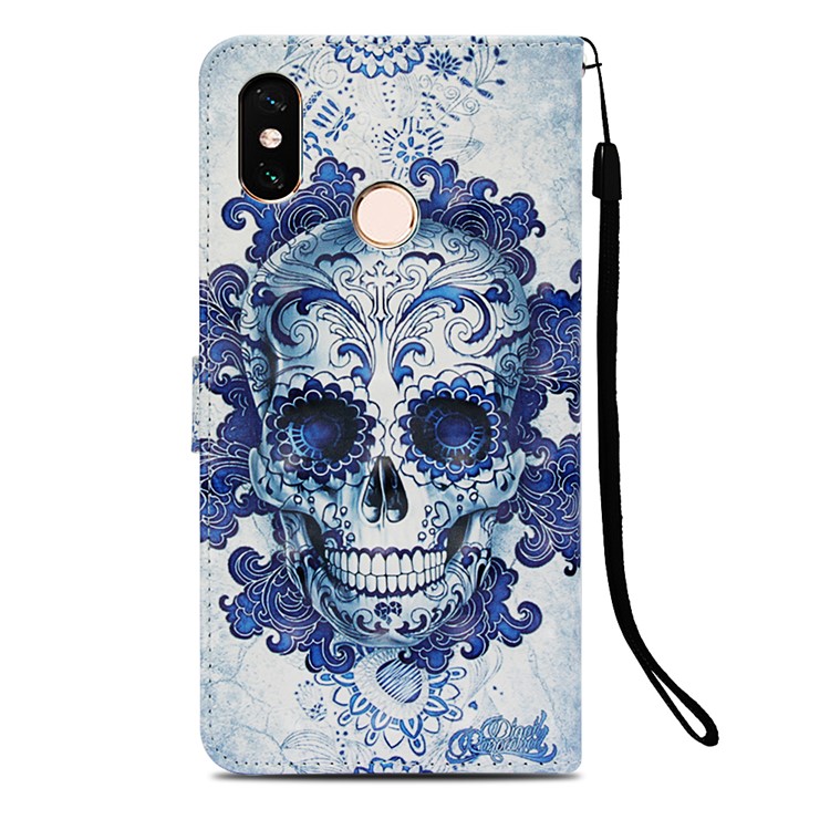 Pattern Printing Light Spot Decor PU Leather Magnetic Stand Case for Xiaomi Mi Max 3 - Blue Flower and Skull-3