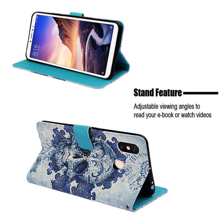 Pattern Printing Light Spot Decor PU Leather Magnetic Stand Case for Xiaomi Mi Max 3 - Blue Flower and Skull-4