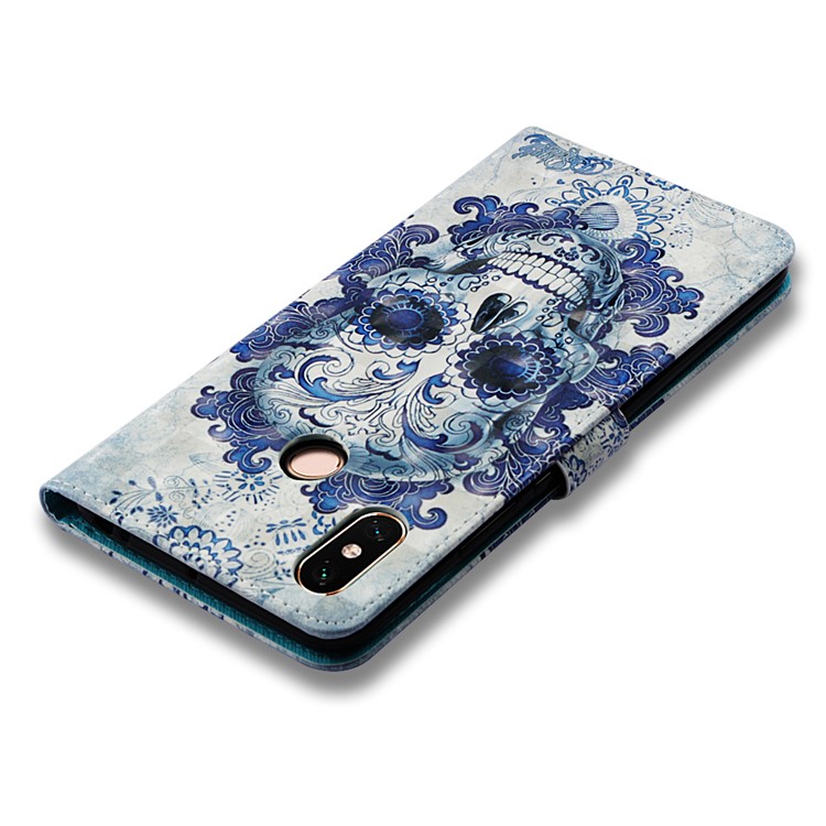 Pattern Printing Light Spot Decor PU Leather Magnetic Stand Case for Xiaomi Mi Max 3 - Blue Flower and Skull-8