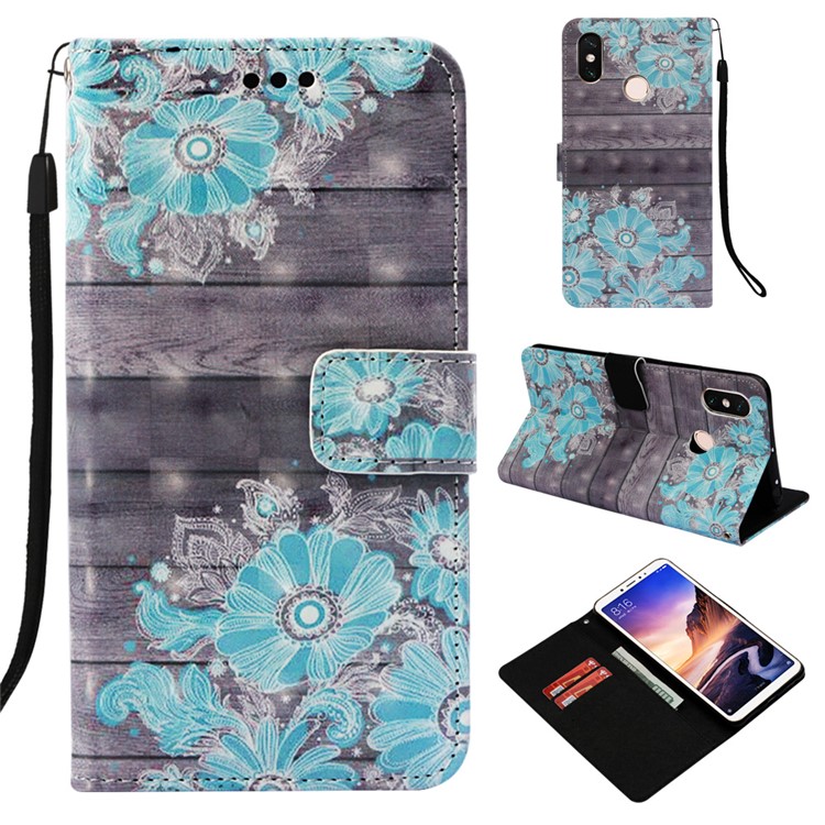 Pattern Printing Light Spot Decor PU Leather Magnetic Stand Phone Case for Xiaomi Mi Max 3 - Blue Flower-1
