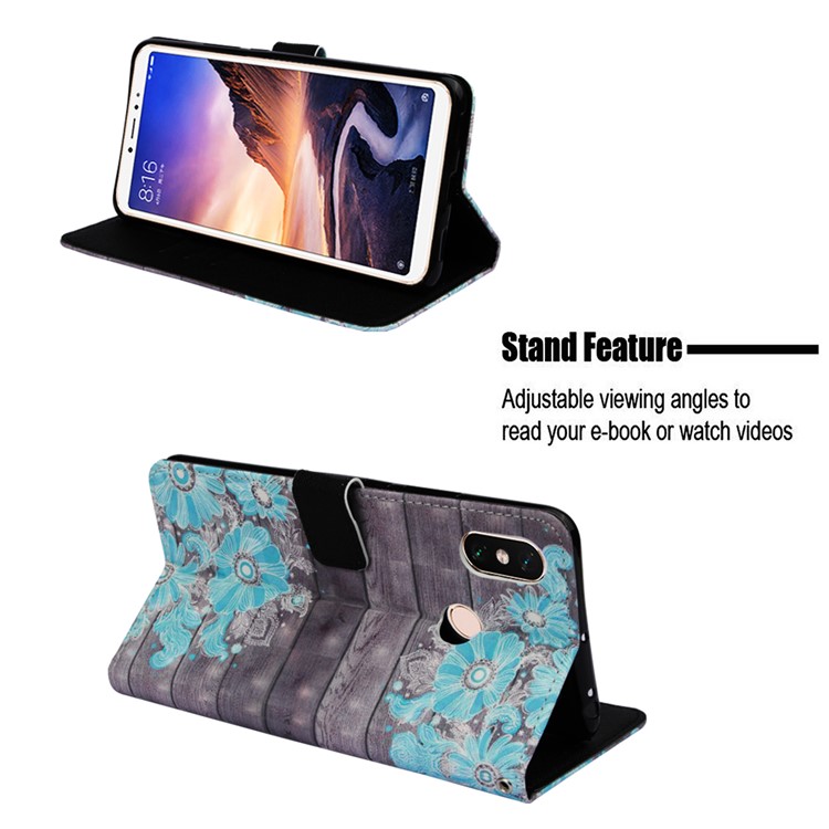 Pattern Printing Light Spot Decor PU Leather Magnetic Stand Phone Case for Xiaomi Mi Max 3 - Blue Flower-4