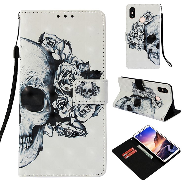 Pattern Printing Light Spot Decor PU Leather Magnetic Stand Cellphone Case for Xiaomi Mi Max 3 - Grey Skull with Flower-1