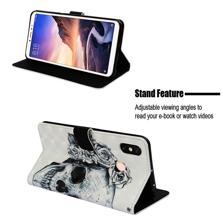 Pattern Printing Light Spot Decor PU Leather Magnetic Stand Cellphone Case for Xiaomi Mi Max 3 - Grey Skull with Flower-4