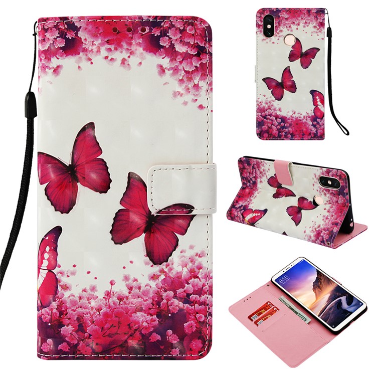 Pattern Printing Light Spot Decor PU Leather Magnetic Stand Mobile Phone Cover for Xiaomi Mi Max 3 - Red Butterflies-1