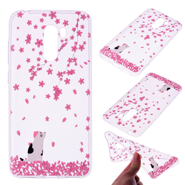Pattern Printing Flexible TPU Cell Phone Cover for Xiaomi Pocophone F1 / Poco F1 (India) - Flower and Cat-1
