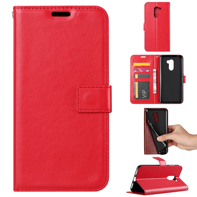Crazy Horse Texture Wallet Stand Leather Phone Shell for Xiaomi Pocophone F1 / Poco F1 (India) - Red-1