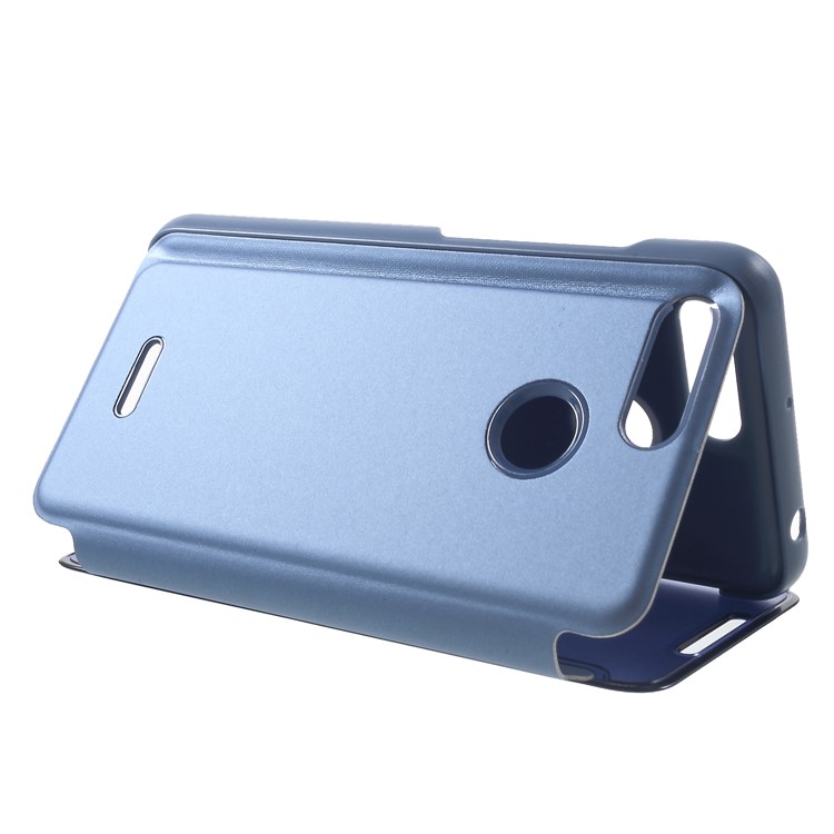 View Window Plated Mirror Surface Leather Stand Cell Phone Cover for Xiaomi Redmi 6 - Blue-5