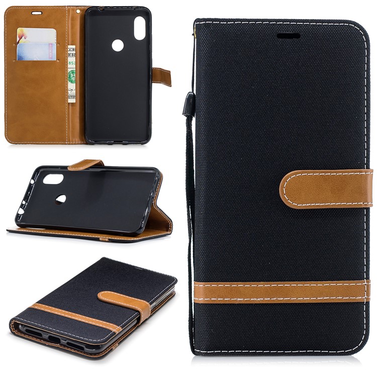 Splicing Jean Cloth PU Leather Wallet Stand Case with Strap for Xiaomi Redmi Note 6 Pro - Black-1
