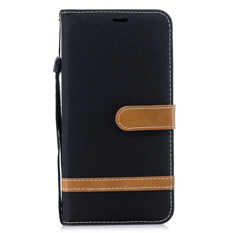 Splicing Jean Cloth PU Leather Wallet Stand Case with Strap for Xiaomi Redmi Note 6 Pro - Black-2