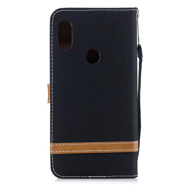 Splicing Jean Cloth PU Leather Wallet Stand Case with Strap for Xiaomi Redmi Note 6 Pro - Black-3