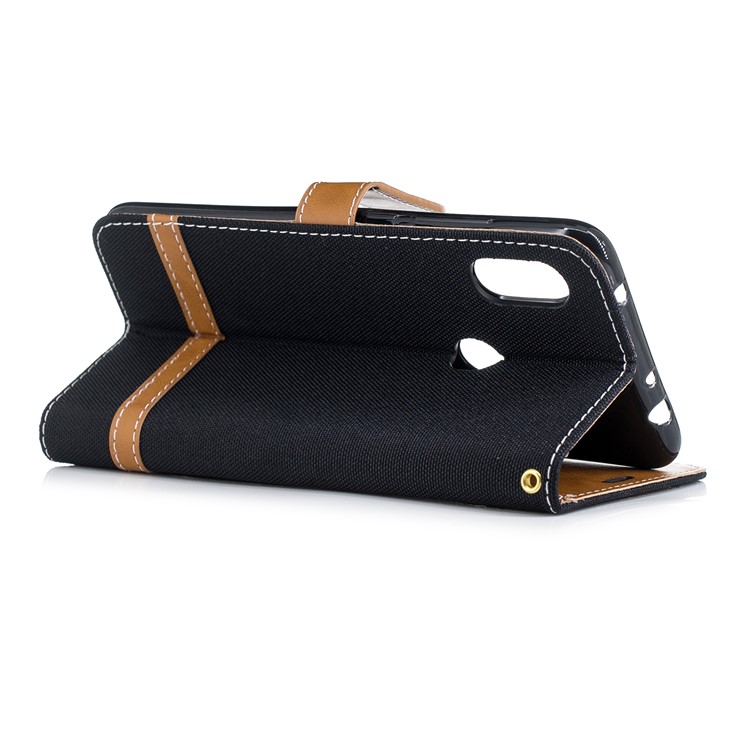 Splicing Jean Cloth PU Leather Wallet Stand Case with Strap for Xiaomi Redmi Note 6 Pro - Black-4