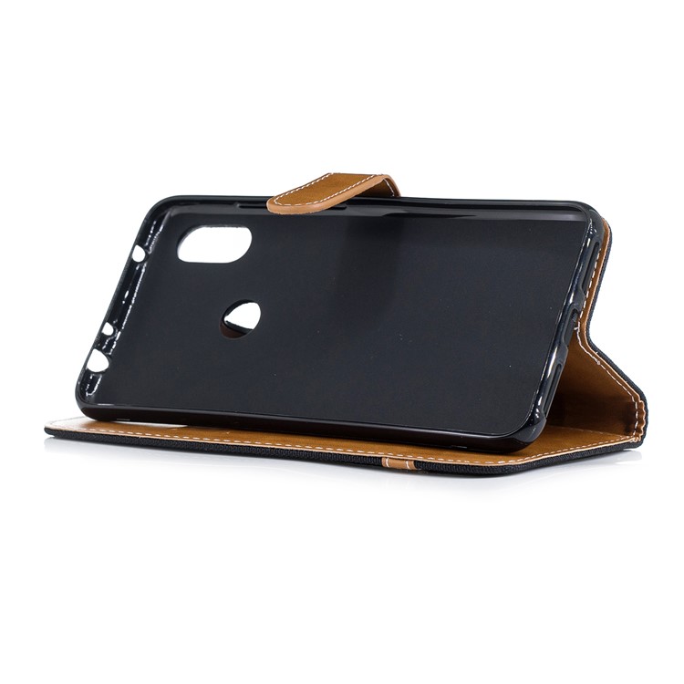 Splicing Jean Cloth PU Leather Wallet Stand Case with Strap for Xiaomi Redmi Note 6 Pro - Black-5