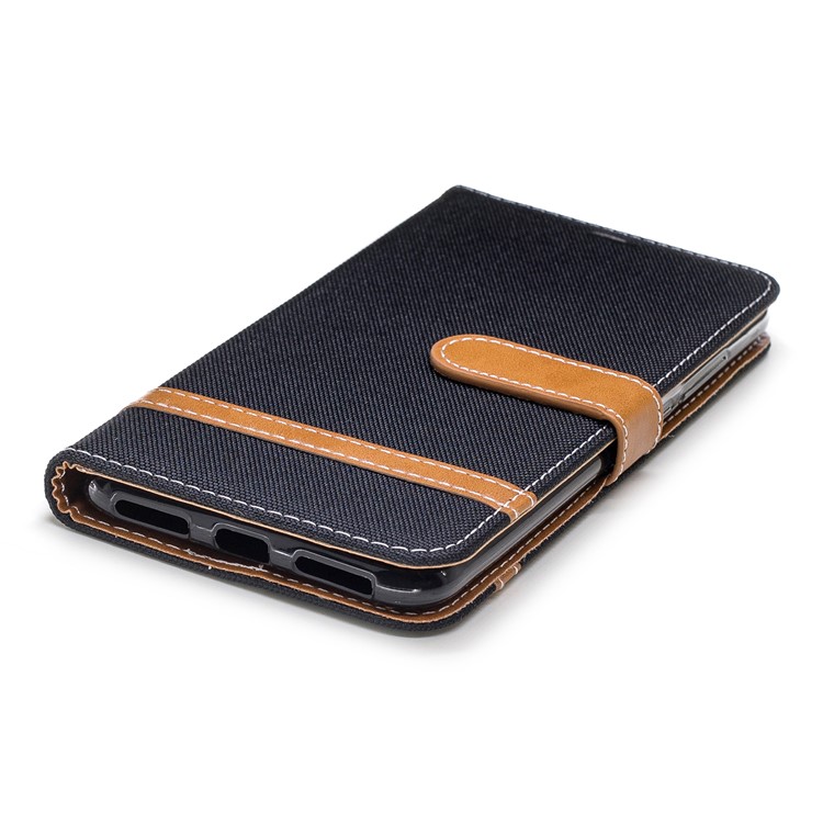 Splicing Jean Cloth PU Leather Wallet Stand Case with Strap for Xiaomi Redmi Note 6 Pro - Black-6