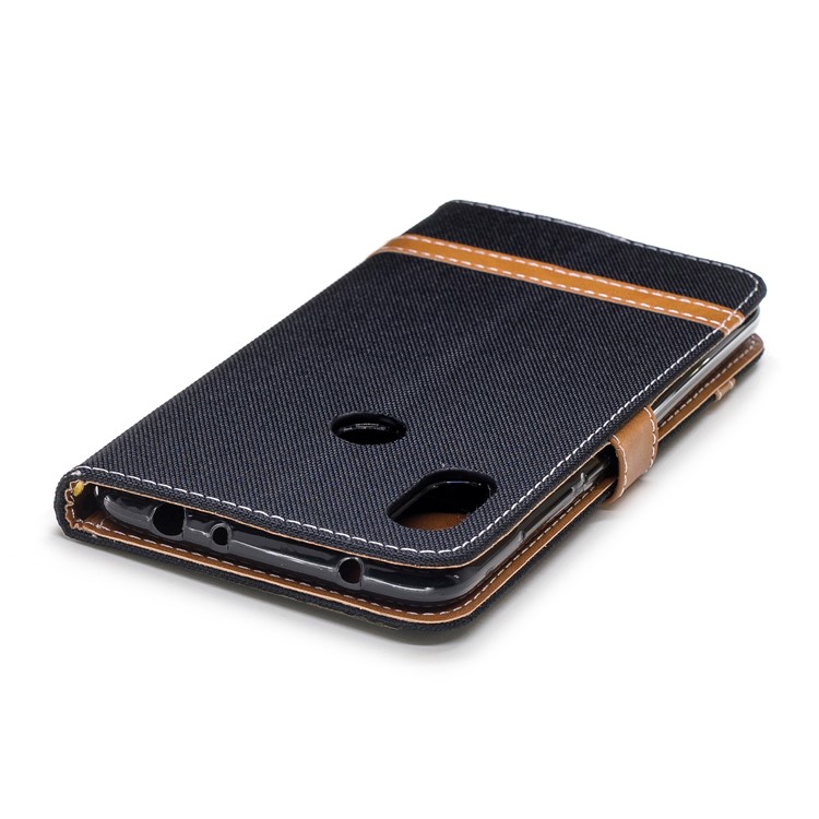 Splicing Jean Cloth PU Leather Wallet Stand Case with Strap for Xiaomi Redmi Note 6 Pro - Black-7