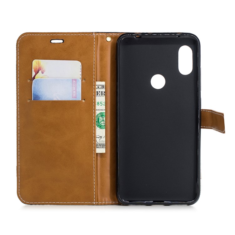 Splicing Jean Cloth PU Leather Wallet Stand Case with Strap for Xiaomi Redmi Note 6 Pro - Black-8