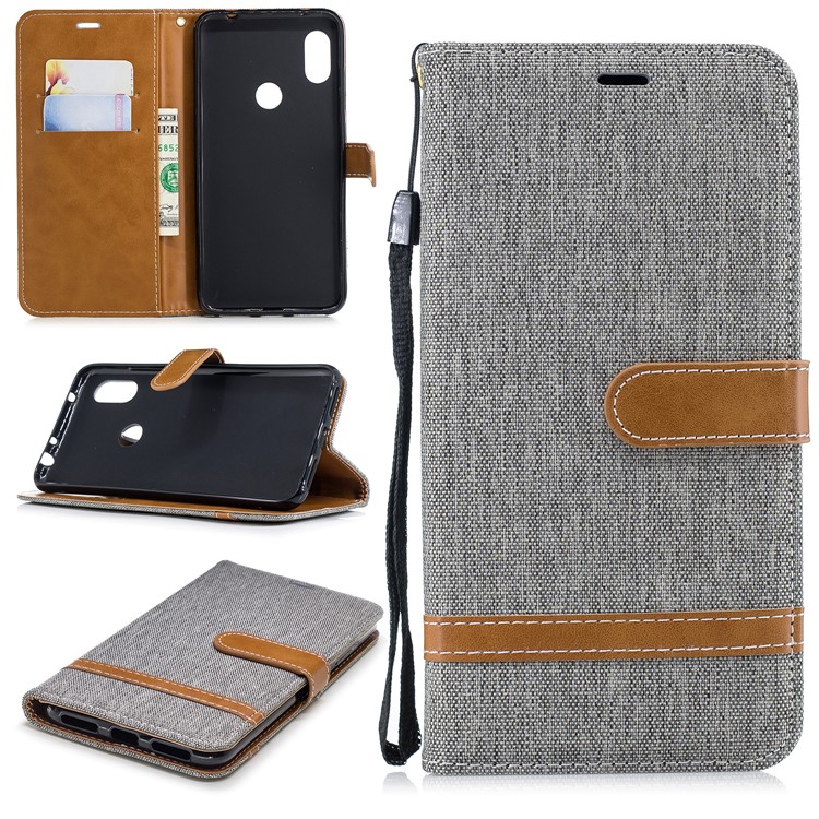 Splicing Jean Cloth PU Leather Wallet Stand Cover with Strap for Xiaomi Redmi Note 6 Pro - Grey-1