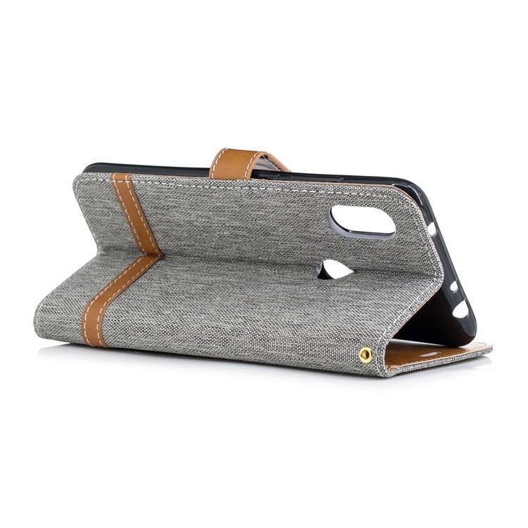 Splicing Jean Cloth PU Leather Wallet Stand Cover with Strap for Xiaomi Redmi Note 6 Pro - Grey-4