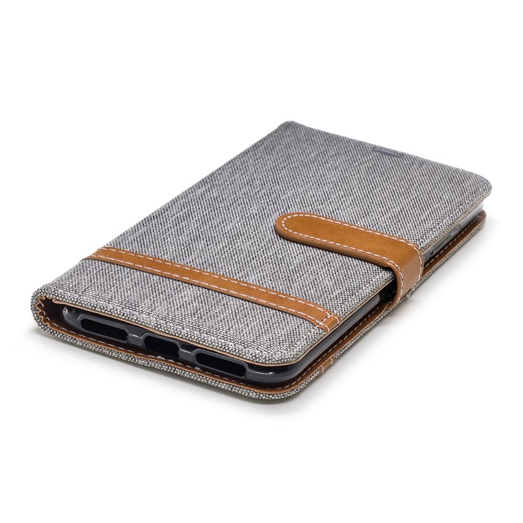 Splicing Jean Cloth PU Leather Wallet Stand Cover with Strap for Xiaomi Redmi Note 6 Pro - Grey-6