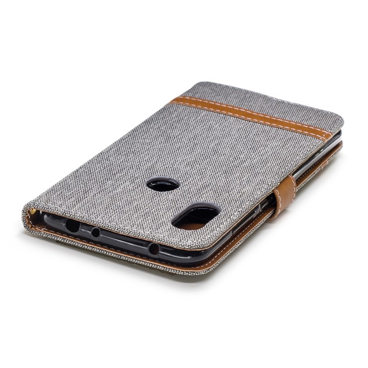 Splicing Jean Cloth PU Leather Wallet Stand Cover with Strap for Xiaomi Redmi Note 6 Pro - Grey-7