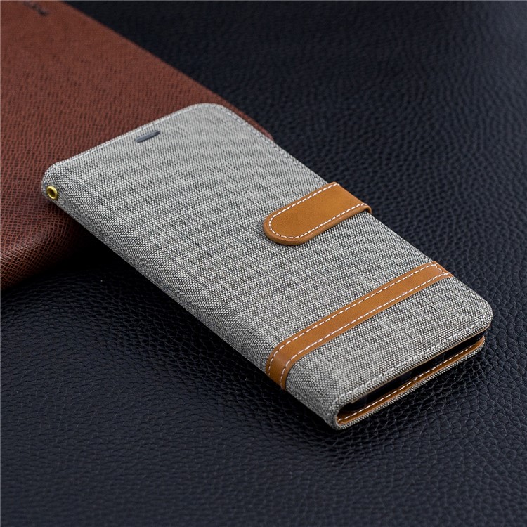 Splicing Jean Cloth PU Leather Wallet Stand Cover with Strap for Xiaomi Redmi Note 6 Pro - Grey-9