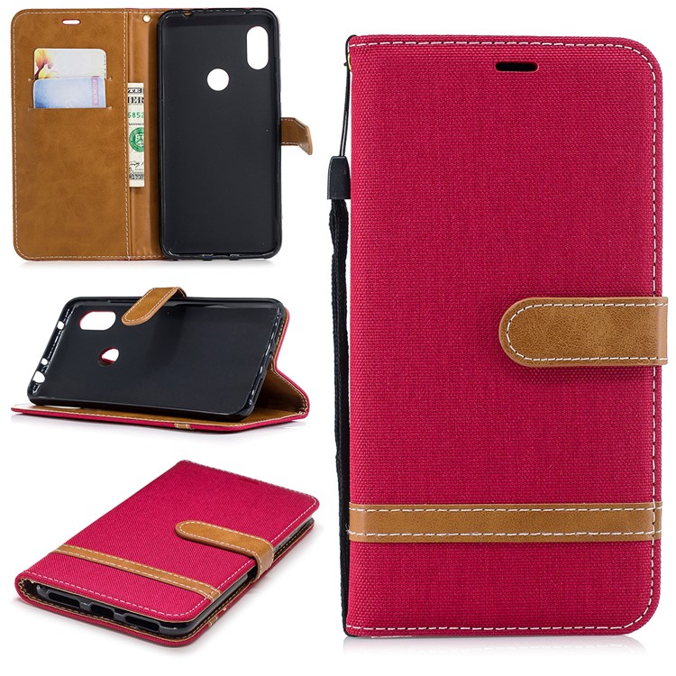 Splicing Jean Cloth PU Leather Wallet Stand Shell with Strap for Xiaomi Redmi Note 6 Pro - Red-1