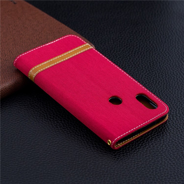 Splicing Jean Cloth PU Leather Wallet Stand Shell with Strap for Xiaomi Redmi Note 6 Pro - Red-10