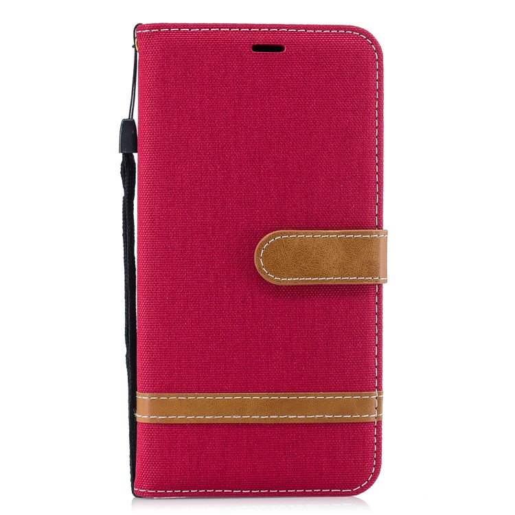 Splicing Jean Cloth PU Leather Wallet Stand Shell with Strap for Xiaomi Redmi Note 6 Pro - Red-2