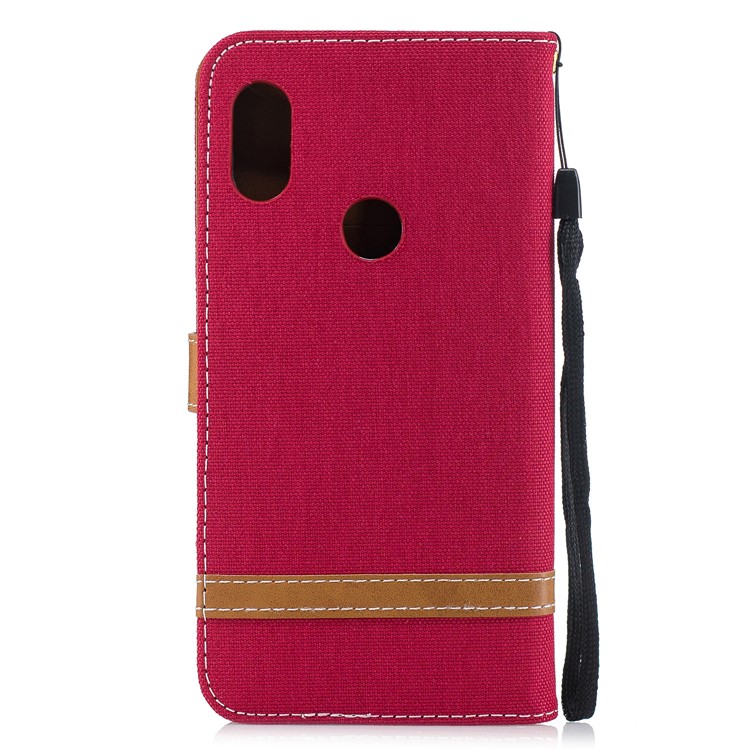 Splicing Jean Cloth PU Leather Wallet Stand Shell with Strap for Xiaomi Redmi Note 6 Pro - Red-3