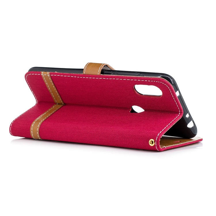 Splicing Jean Cloth PU Leather Wallet Stand Shell with Strap for Xiaomi Redmi Note 6 Pro - Red-4