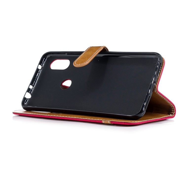 Splicing Jean Cloth PU Leather Wallet Stand Shell with Strap for Xiaomi Redmi Note 6 Pro - Red-5