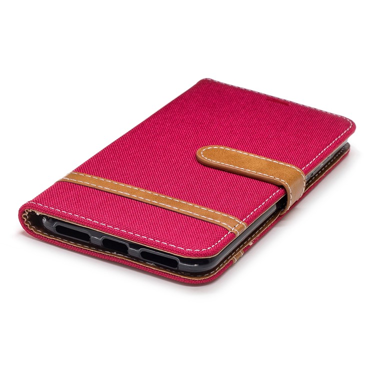 Splicing Jean Cloth PU Leather Wallet Stand Shell with Strap for Xiaomi Redmi Note 6 Pro - Red-6