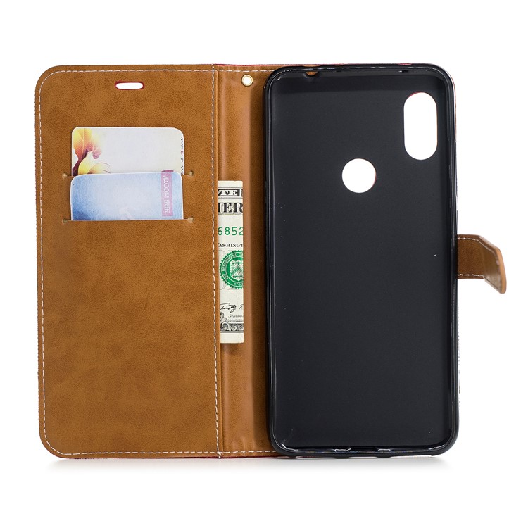 Splicing Jean Cloth PU Leather Wallet Stand Shell with Strap for Xiaomi Redmi Note 6 Pro - Red-8