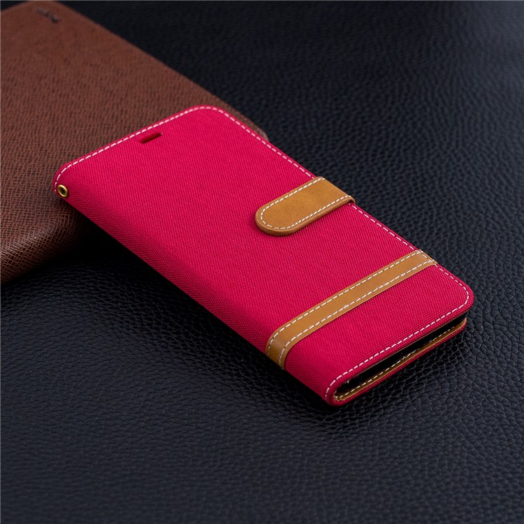 Splicing Jean Cloth PU Leather Wallet Stand Shell with Strap for Xiaomi Redmi Note 6 Pro - Red-9