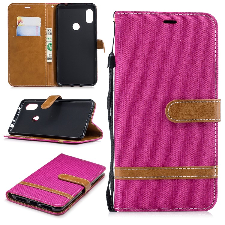 Splicing Jean Cloth PU Leather Wallet Stand Casing with Strap for Xiaomi Redmi Note 6 Pro - Rose-1