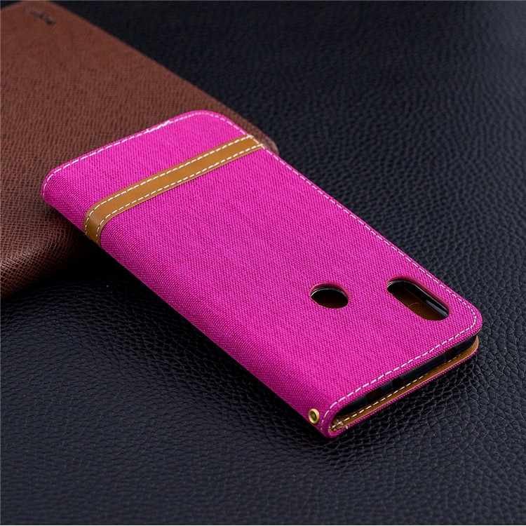 Splicing Jean Cloth PU Leather Wallet Stand Casing with Strap for Xiaomi Redmi Note 6 Pro - Rose-10