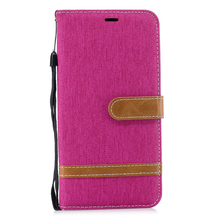 Splicing Jean Cloth PU Leather Wallet Stand Casing with Strap for Xiaomi Redmi Note 6 Pro - Rose-2