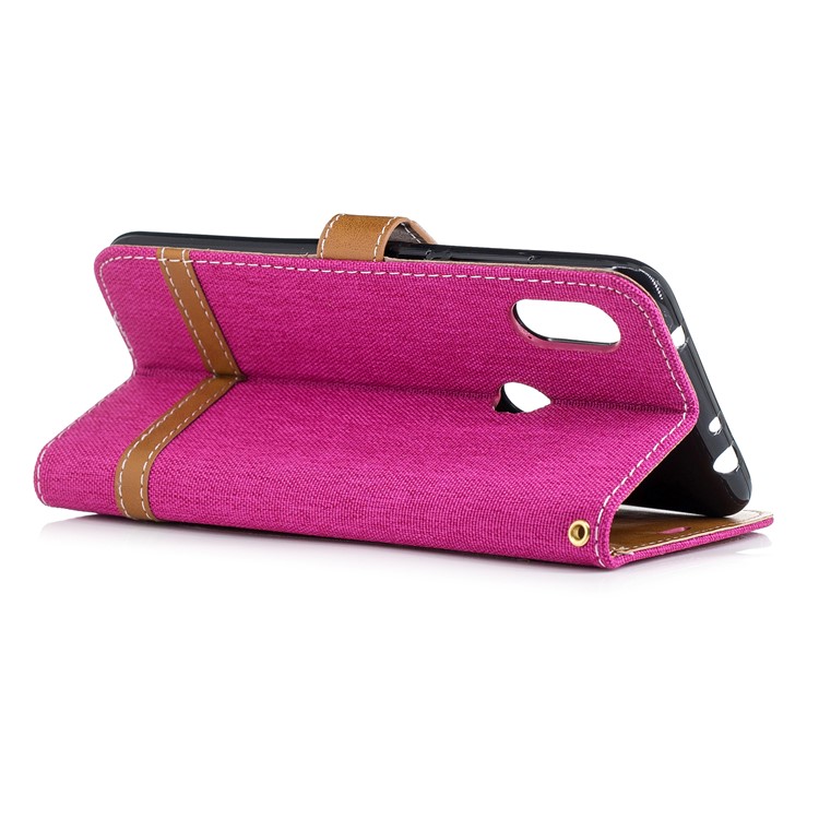 Splicing Jean Cloth PU Leather Wallet Stand Casing with Strap for Xiaomi Redmi Note 6 Pro - Rose-4