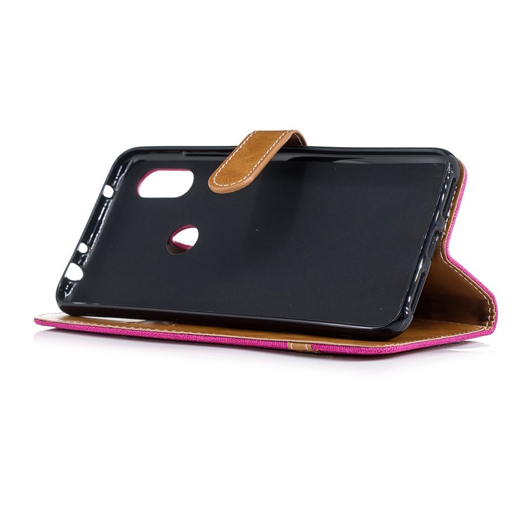 Splicing Jean Cloth PU Leather Wallet Stand Casing with Strap for Xiaomi Redmi Note 6 Pro - Rose-5