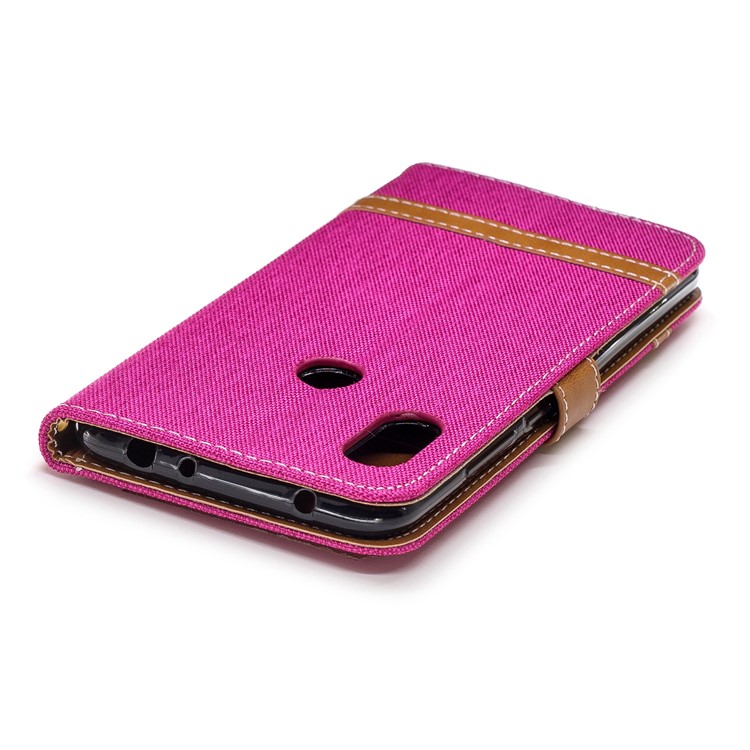 Splicing Jean Cloth PU Leather Wallet Stand Casing with Strap for Xiaomi Redmi Note 6 Pro - Rose-7