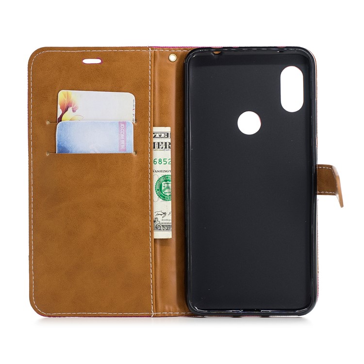 Splicing Jean Cloth PU Leather Wallet Stand Casing with Strap for Xiaomi Redmi Note 6 Pro - Rose-8